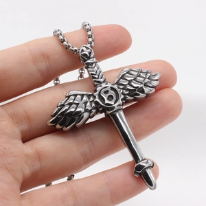 Gothic silver stainless steel necklace with sword, cross, and wings pendant for men