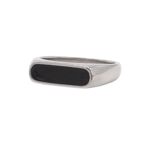 Minimalist silver steel ring with a rectangular black enamel inlay for women