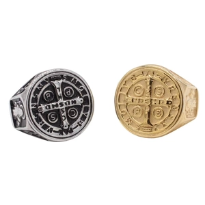 Vintage Stainless Steel St Benedict Medal Exorcism Cross Ring For Men Retro Distressed Religious Signet Ring Jewelry Gift