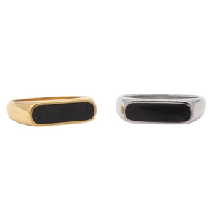 Minimalist gold and silver signet rings with black enamel rectangular inlay