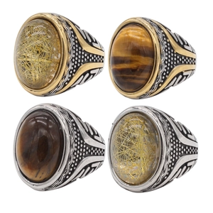 Bague Vintage en Acier Titane pour Hommes Style Ottoman avec Relief Oeil de Tigre Quartz Rutilé Coquille d'Abalone Incrustée Bague Anneau Bijoux Cadeau