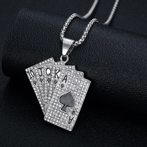 Iced out silver royal flush poker pendant necklace with sparkling clear rhinestones