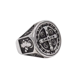 Vintage stainless steel St. Benedict medal signet ring for men with religious carvings