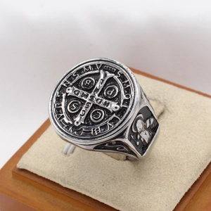 Vintage silver Saint Benedict medal ring in stainless steel with religious cross relief
