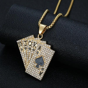 Hip hop style gold-plated titanium steel royal flush poker pendant with white gemstones