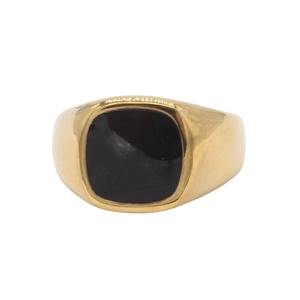 Minimalist gold-plated square black enamel signet ring for men and women on white background