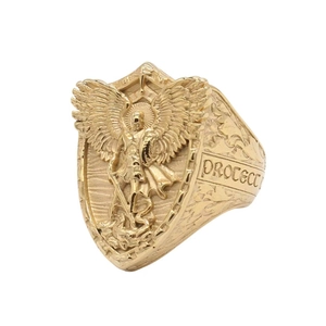 Bague Bouclier Archange Michel Vintage Acier Titane Vieilli Punk Religieux Ailes d'Ange Gardien Bijoux Unisexe