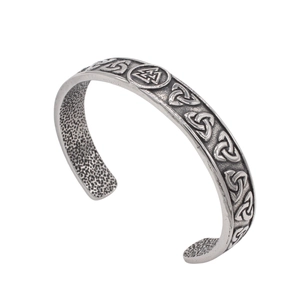 Vintage Viking Valknut open bangle for men in antique silver finish with Celtic knots