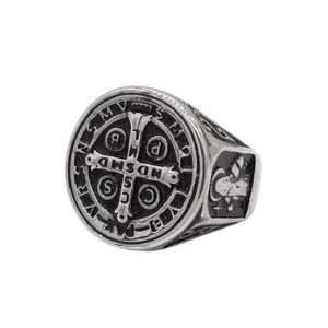 Retro stainless steel St. Benedict Medal ring for men with vintage silver finish