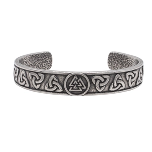 Vintage Viking cuff bracelet with silver Celtic knots and Valknut symbols for men