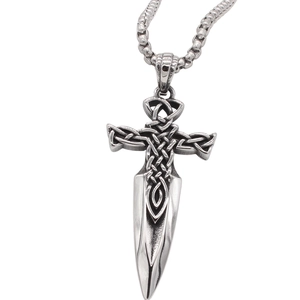 Retro Viking sword pendant necklace with Celtic knots in oxidized silver steel