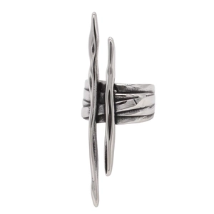 Retro industrial style titanium steel ring with unique cross pillar design and antique finish