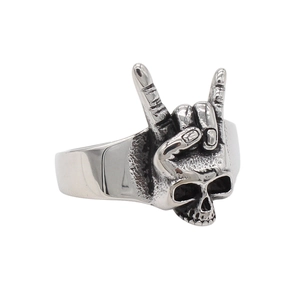 Vintage rock punk skull hand gesture ring in polished stainless steel for men