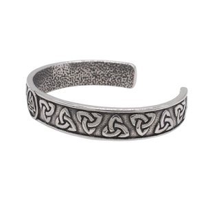 Retro Viking stainless steel open bangle featuring Valknut and Triquetra engravings