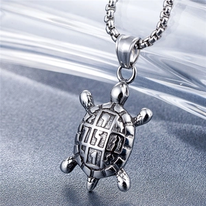 Vintage stainless steel turtle pendant necklace with engraved shell on leather