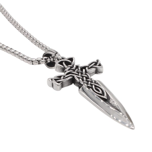 Vintage Viking sword cross pendant necklace in silver stainless steel with celtic knot