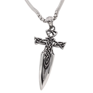 Vintage Viking sword and Celtic cross pendant necklace in polished silver steel