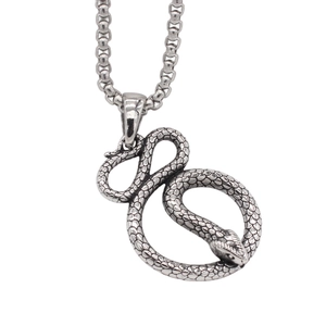 Retro punk style stainless steel snake pendant necklace with a textured scale finish