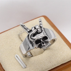 Retro punk rock skull hand gesture ring in vintage silver stainless steel finish
