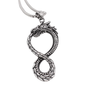Retro silver dragon pendant necklace featuring a polished infinity loop design for men