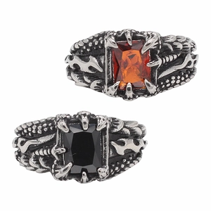 Vintage Gothic Dragon Claw Ring For Men Titanium Steel Antique Silver Punk Rectangular Red Black Rhinestone Ring Rock Jewelry