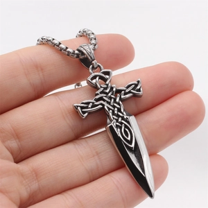 Vintage Viking sword pendant necklace in stainless steel with Celtic knot details