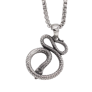 Vintage silver snake pendant necklace for men featuring realistic scales and a box chain