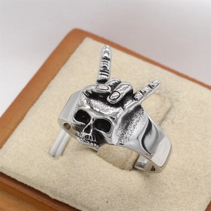 Retro rock style silver skull hand gesture ring in stainless steel for men