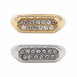 Trendy Octagonal Titanium Steel Double Row Rhinestone Ring For Women Men INS Style Gold Silver Plated Geometric Jewelry