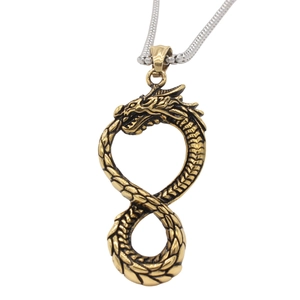 Vintage gold dragon pendant necklace in infinity shape on silver snake chain