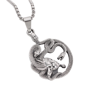 Silver Medusa head pendant necklace in stainless steel with intricate serpent detailing