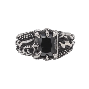Gothic dragon claw ring for men with rectangular black gemstone in vintage steel finish