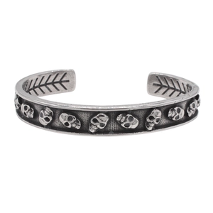 Retro gothic skull engraved stainless steel open cuff bracelet with vintage silver finish