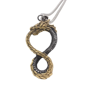 Retro dragon pendant necklace in dual-tone silver and gold finish with infinity symbol shape