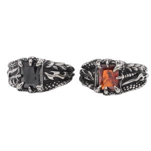 Retro punk dragon claw rings with black and orange gemstones in stainless steel