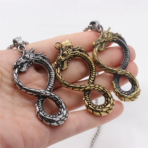 Vintage dragon pendant necklaces in silver, gold, and bronze tones for men