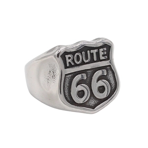 Vintage Route 66 shield sign stainless steel ring with industrial retro silver finish