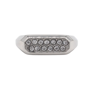 Silver titanium steel ring featuring a rectangular geometric surface with inset white crystals