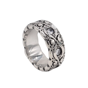 Vintage oxidized silver hollow floral ring with sparkling rhinestones in retro gothic style