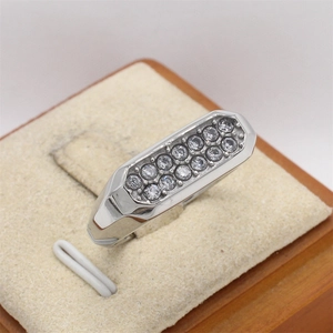 Polished silver titanium steel ring with double rows of sparkling cubic zirconia in a box