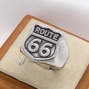 Vintage Route 66 stainless steel signet ring for men with industrial shield design
