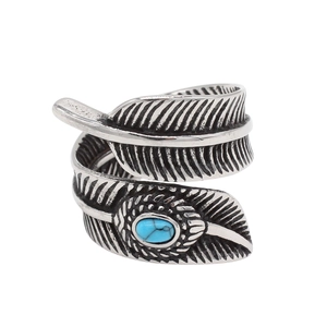 Retro stainless steel feather ring with oval turquoise stone in oxidized silver finish