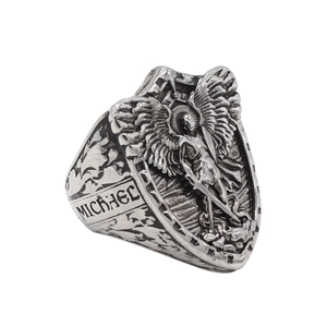 Bague Archange Michel gothique en acier inoxydable vintage avec gravure latérale