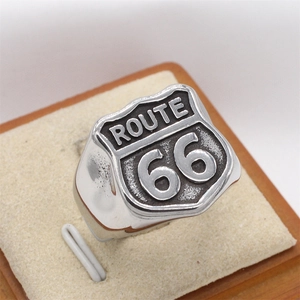 Vintage Route 66 stainless steel ring for men with distressed black finish for bikers