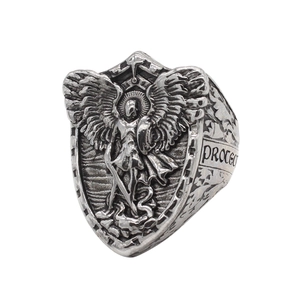 Bague bouclier ailes d'ange rétro en acier inoxydable avec gravure Archange Michel