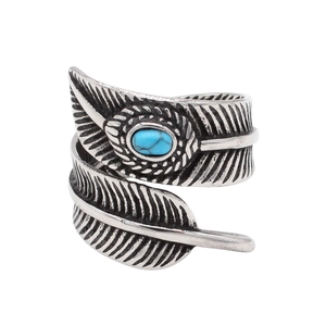 Vintage Titanium Steel Feather Ring Artistic Artificial Turquoise Inlaid Personalized Men Jewelry Antique Silver Ring