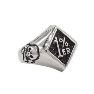 Vintage stainless steel 1%ER biker ring featuring a skull relief and diamond shape