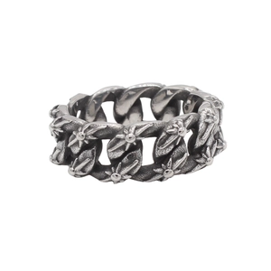 Retro Cuban chain ring in vintage silver stainless steel with engraved cross star patterns