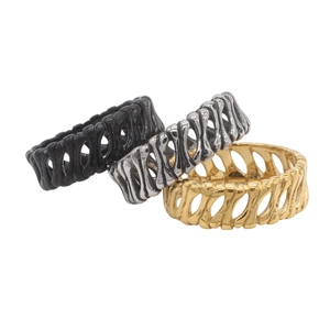 Three-piece set of punk style hollow bone shaped rings in black silver and gold finish