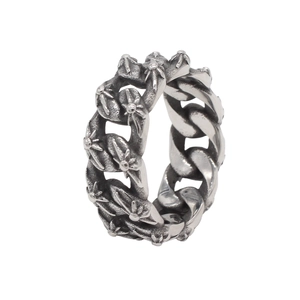 Vintage silver Cuban chain steel ring with gothic cross engravings for men